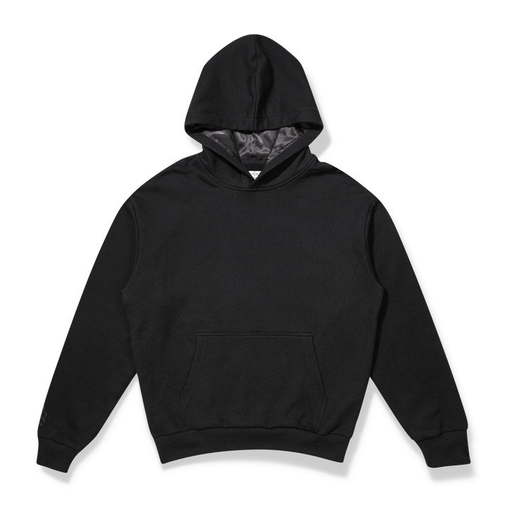 Zwarte hoodie met zijden voering op een transparante achtergrond. 