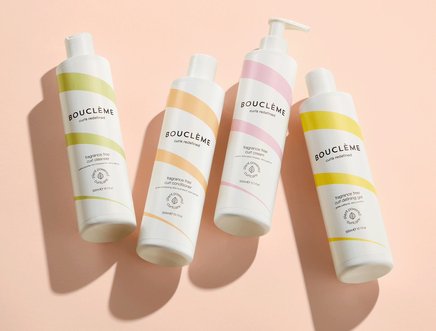 four bottles of Bouclème's range of fragrance free products for curly hair