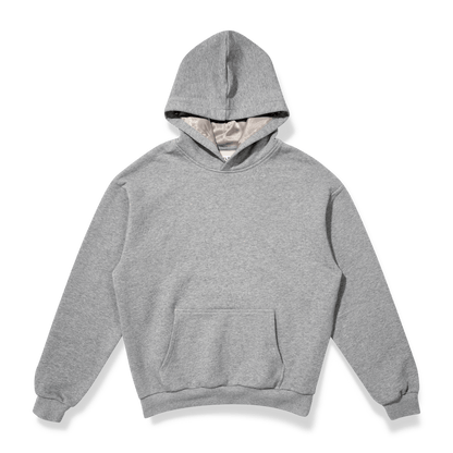 Grijze hoodie met zijden voering op een transparante achtergrond. 