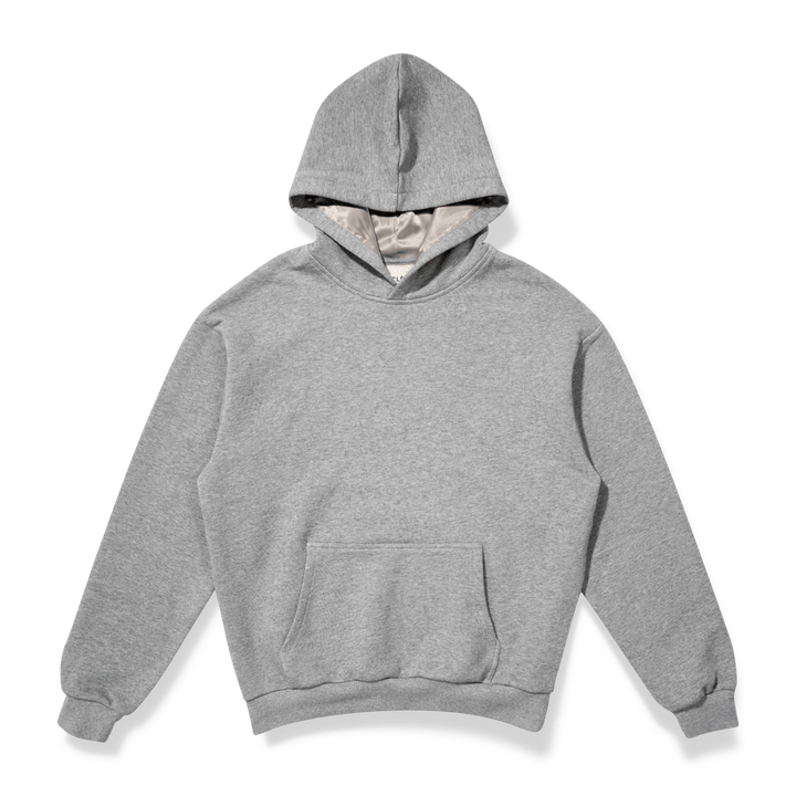 Grijze hoodie met zijden voering op een transparante achtergrond. 