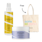 Bouclème's Summer Curl Survival Kit met Curl Defence Spray, Intensive Moisture Treatment en een crèmekleurige draagtas met Bouclème-logo.